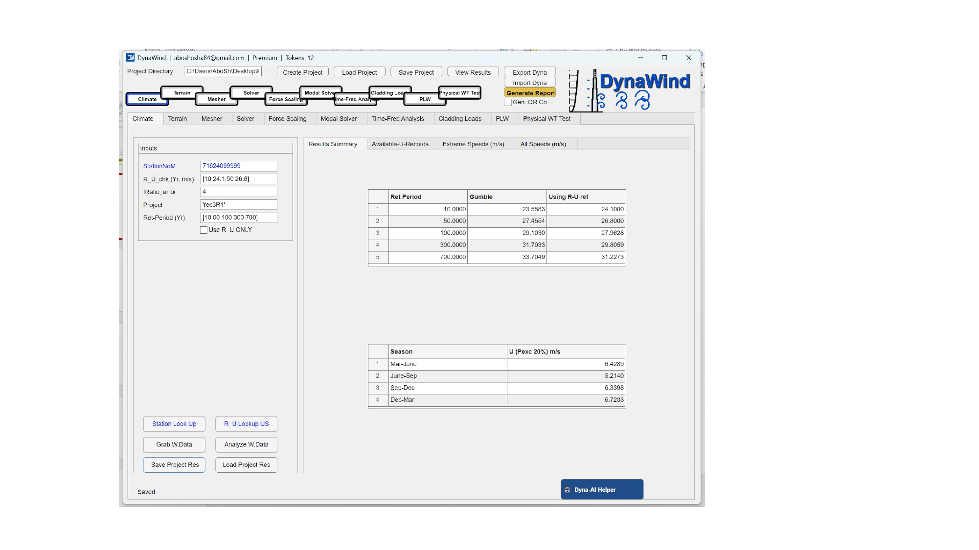 Climate tab with computed return-period values
