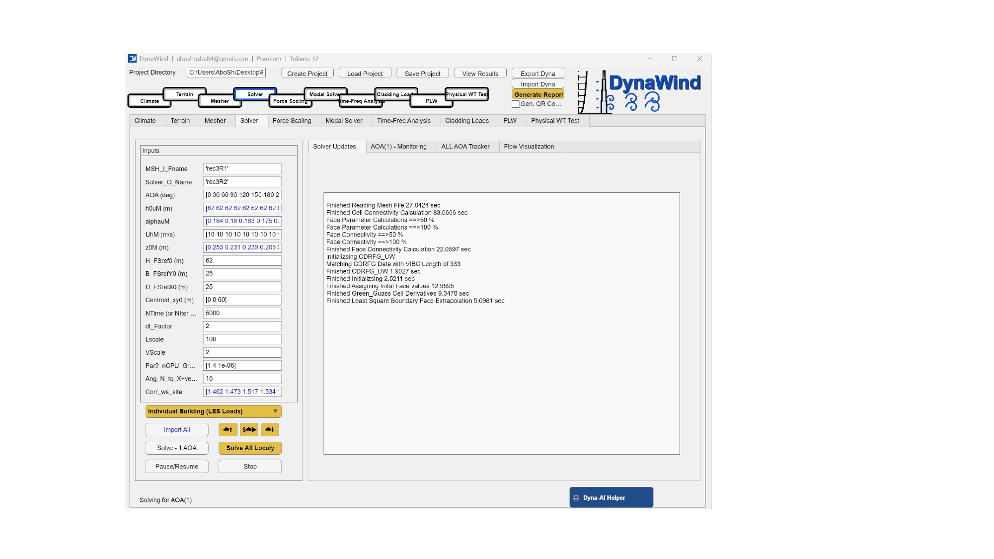 Solver tab inputs and monitoring